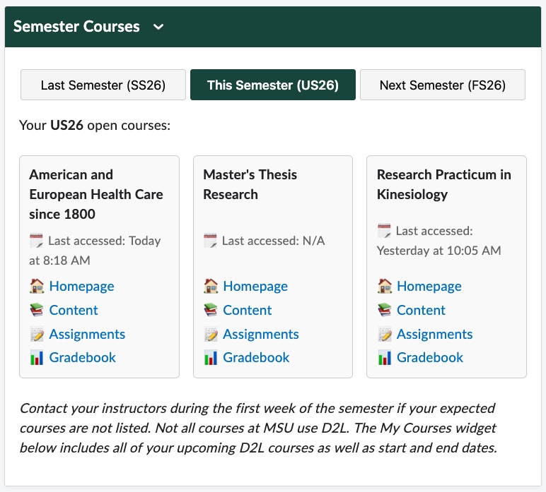 Semester courses widget for student D2L homepage