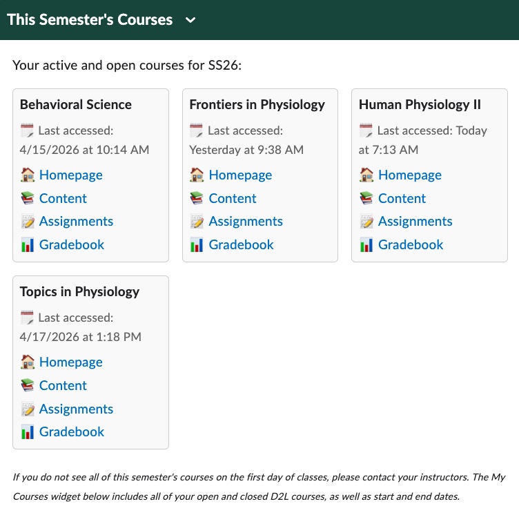 Semester courses widget for student D2L homepage
